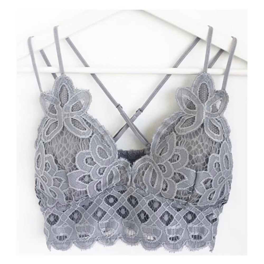 Grey lace bralette - adjustable spaghetti straps and removable cups